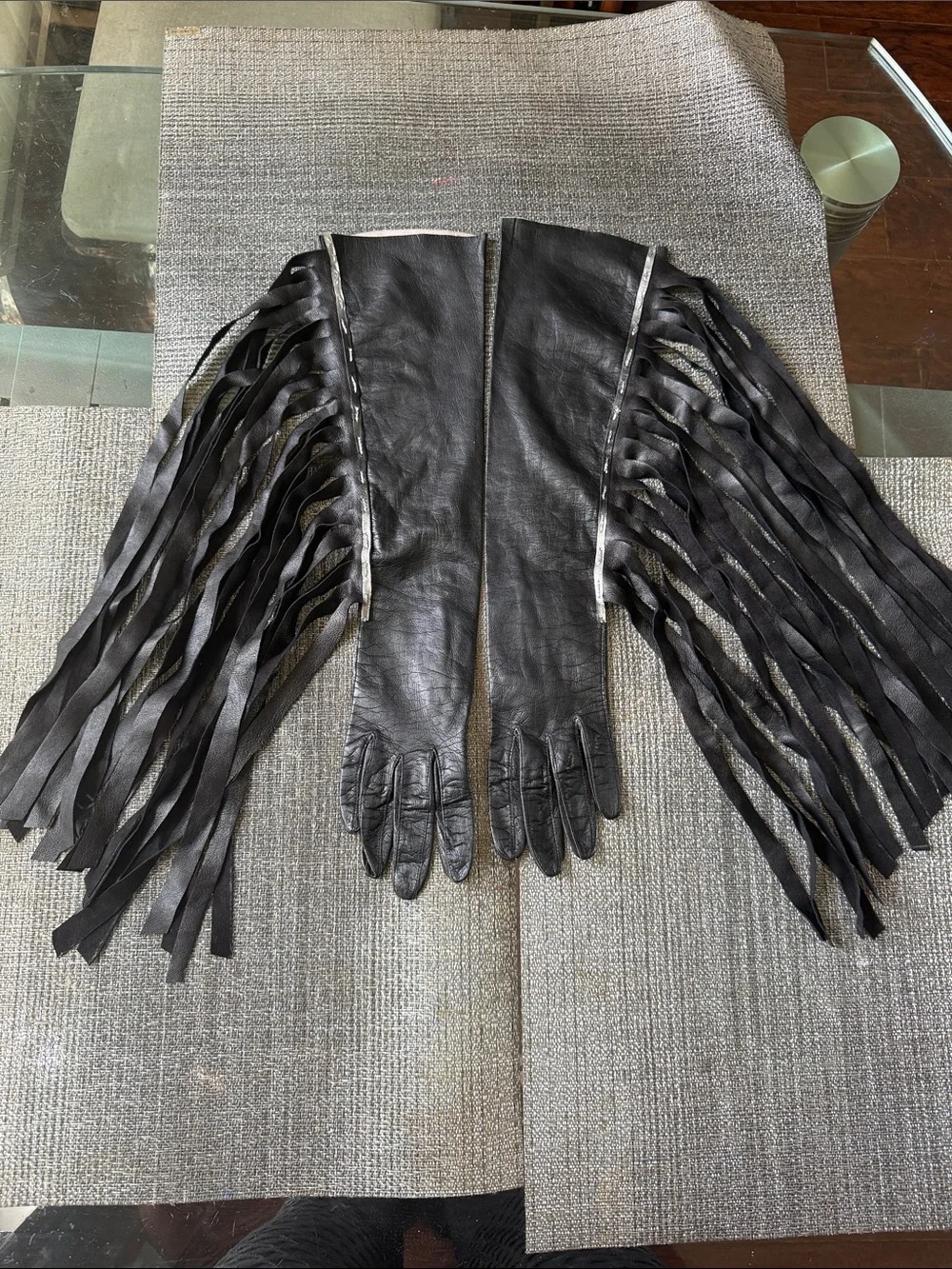 Black Fringe Long Leather Gloves - Women's Fashion Accessory100%Real KID-make 🇫🇷
